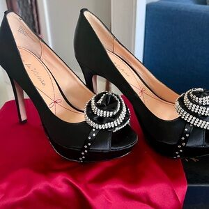 Pour La Victoire Black Crystal-Rosette Peep-Toe Heels